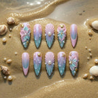 Iridescent Mermaid 3D Press On Nails - Aurora Shell&Sea Flower Fake Nails - Realistic Water Drop Custom Nails - Tropical