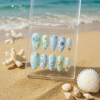 Ocean Breeze 3D Shell Press On Nails - Mint Blue Summer Flower Fake Nails - Cute Starfish&Pearl Custom Nails - Beach Vac
