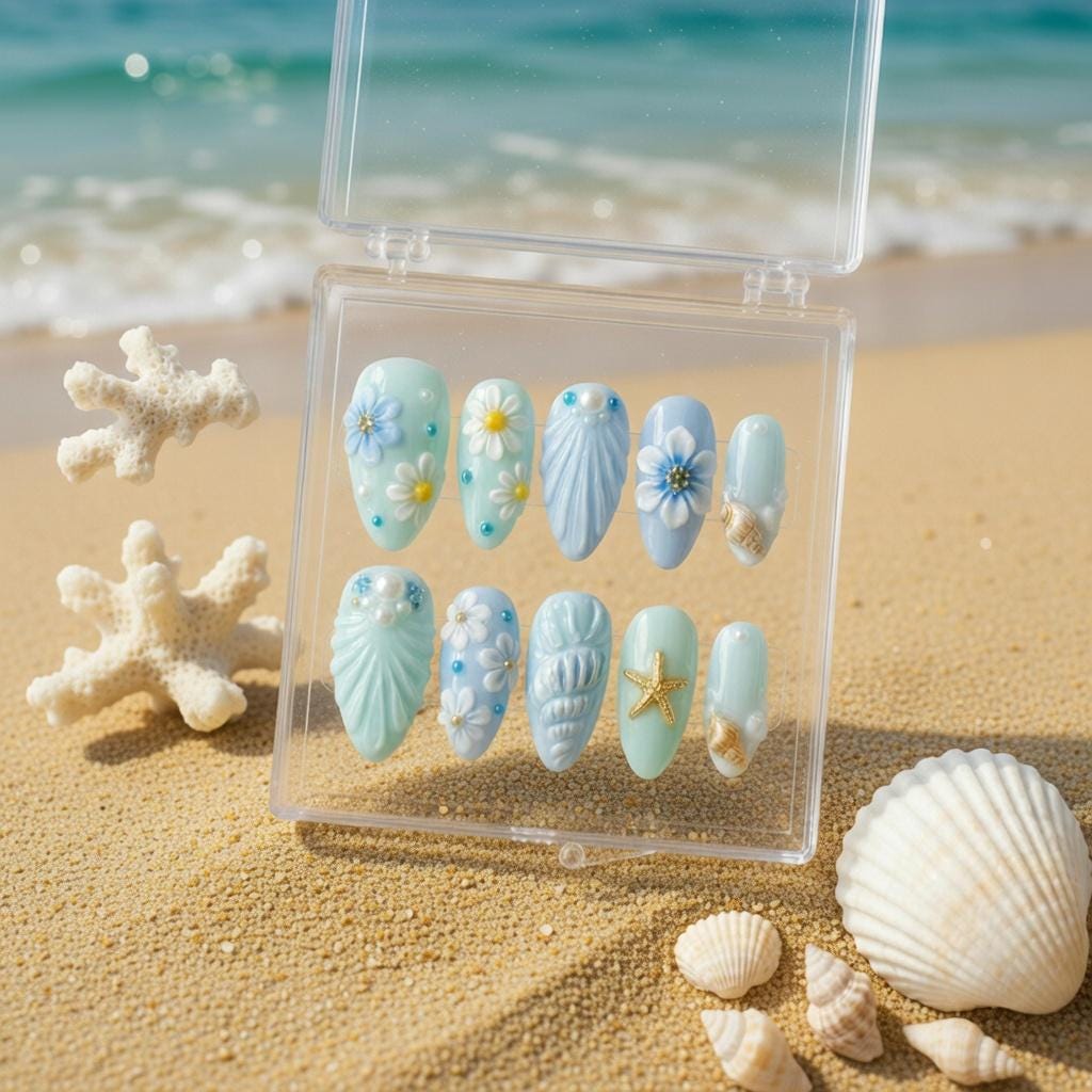 Ocean Breeze 3D Shell Press On Nails - Mint Blue Summer Flower Fake Nails - Cute Starfish&Pearl Custom Nails - Beach Vac