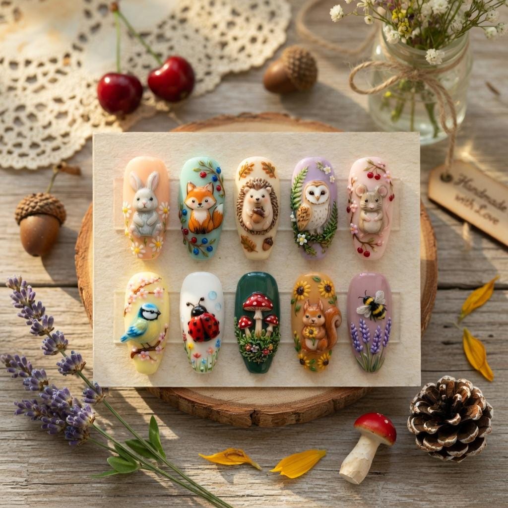 Woodland Forest Animal Press on Nails | 3D Fox Rabbit Hedgehog Fake Nails | Cute Cottagecore|Handpainted Nail Art|Whimsi