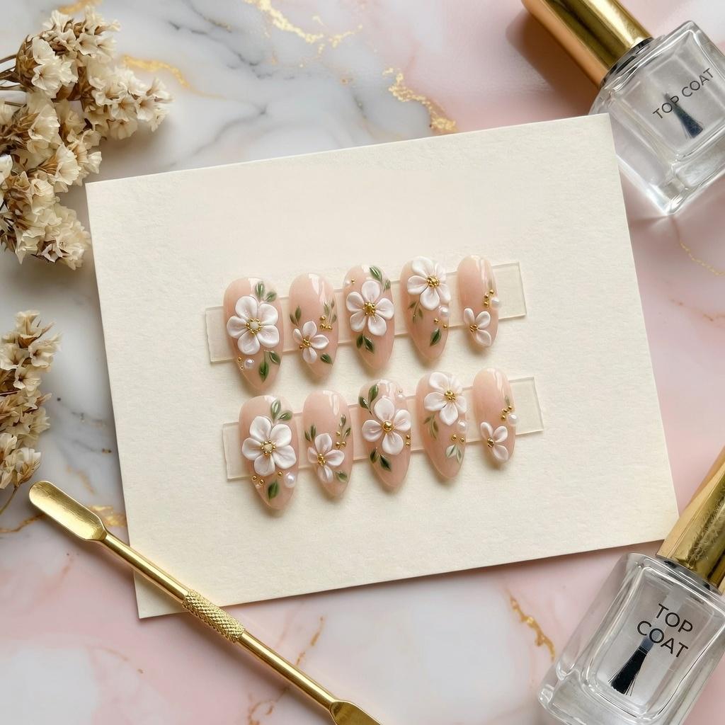 Elegant White Floral Press On Nails | 3D Flower Luxury Gel Nails | Nude Pink Bridal Nails | Handmade Wedding Guest Nails