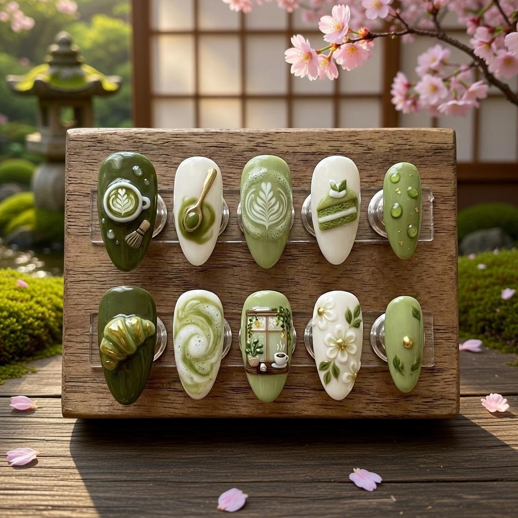 Matcha Latte Press On Nails | 3D Garden Cafe Custom Fake Nails | Sage Green Coquette Nails with Floral & Dessert Art| Re