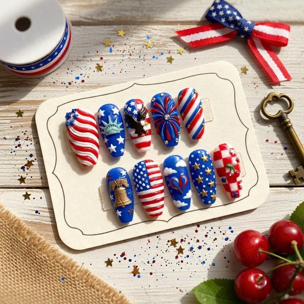 Patriotic Press-On Nails, 4th of July Nail Set, American Flag Nails, Independence Day Nail Art, Handmade Red White Blue 