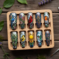 Stained Glass Bird Press-On Nails, Nature Mosaic Nail Set, Colorful Bird Nail Art, Handmade Botanical Nails, Artistic Na