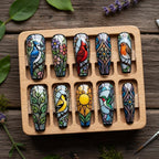 Stained Glass Bird Press-On Nails, Nature Mosaic Nail Set, Colorful Bird Nail Art, Handmade Botanical Nails, Artistic Na