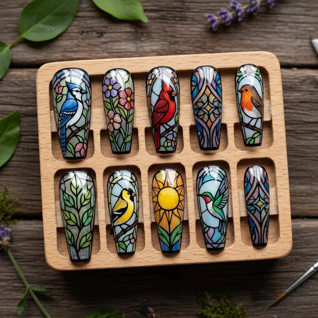 Stained Glass Bird Press-On Nails, Nature Mosaic Nail Set, Colorful Bird Nail Art, Handmade Botanical Nails, Artistic Na
