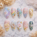 Pastel Ocean Press On Nails, 3D Seashell Starfish Nails, Mermaid Beach Nails, Pearl Shell Summer Nails, Fantasy Sea Nail
