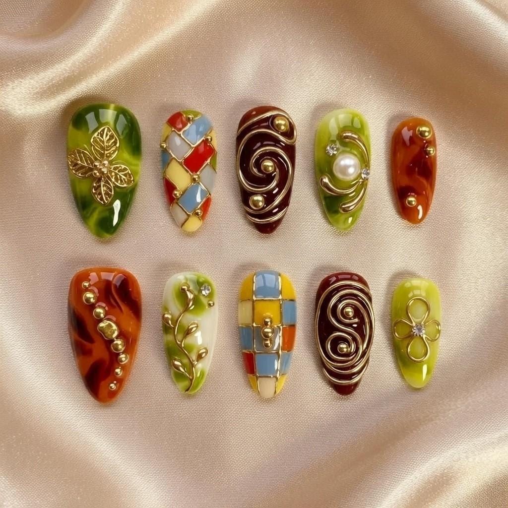 Retro Mosaic Press On Nails – Vintage Color Block Nails, Earth Tone Nails, Tortoiseshell Nails, Luxury Gold Nails, Handm