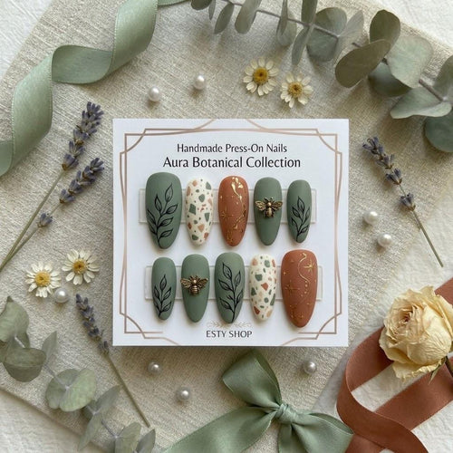 Botanical Press On Nails – Green Earth Tone Nails – Minimalist Leaf Nails – Handmade Aura Nails – Nature Inspired Nails 