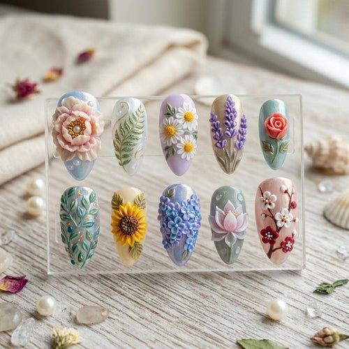 3D Sculpted Birth Month Flower Press On Nails | Handmade Floral Garden Fake Nails | Sunflower Lavender Rose Lily 3D Art 