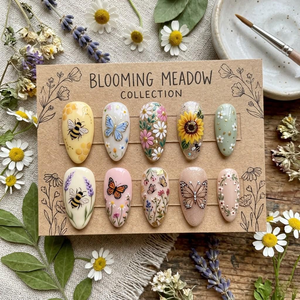 Personalized Blooming Meadow Press On Nails: Floral Butterfly Bee Nail Set, Cottagecore Spring Nails, Handmade Wildflowe