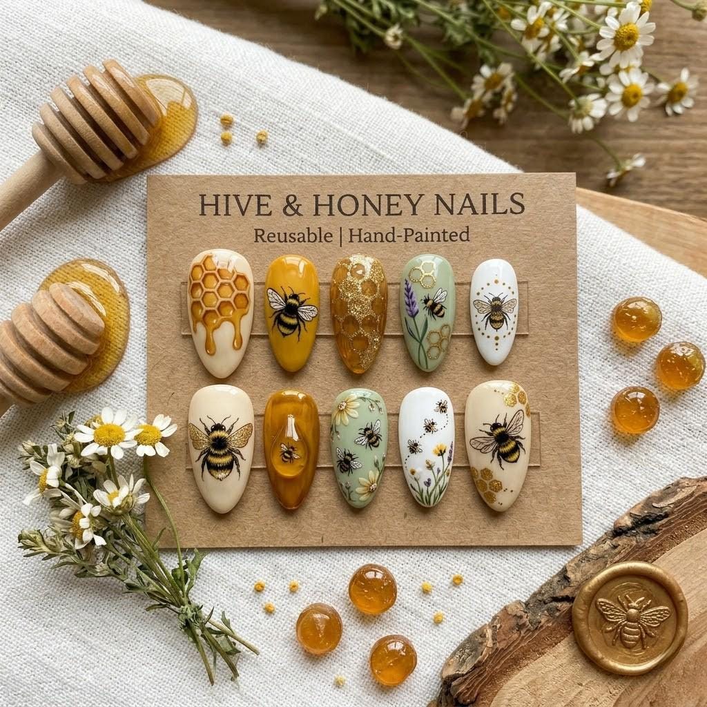 Hand Painted Bee Press On Nails | Honeycomb & Wildflower Nail Art | 3D Gold Honey Drip Nails | Custom Reusable False Nai