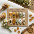 Hand Painted Bee Press On Nails | Honeycomb & Wildflower Nail Art | 3D Gold Honey Drip Nails | Custom Reusable False Nai