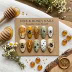 Hand Painted Bee Press On Nails | Honeycomb & Wildflower Nail Art | 3D Gold Honey Drip Nails | Custom Reusable False Nai