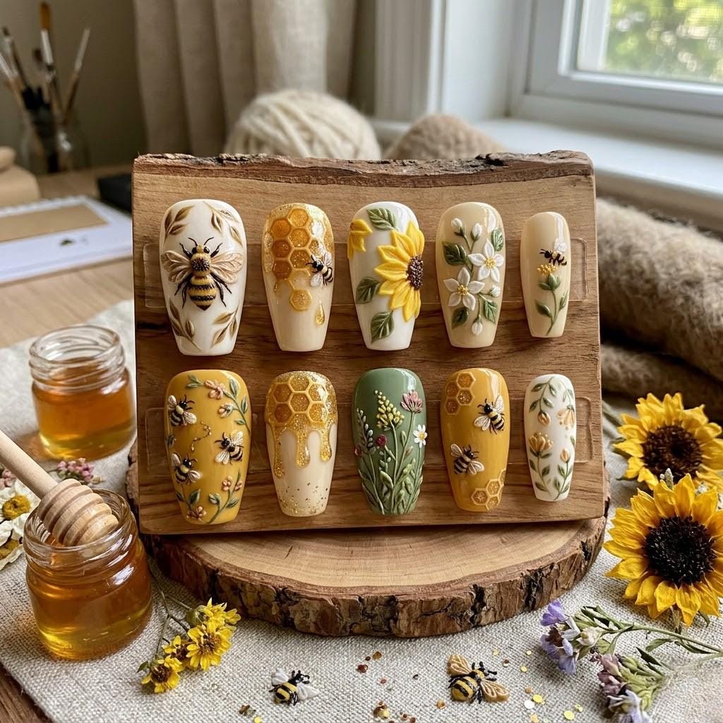 Honey Bee Press on Nails, 3D Flower Handpainted Fake Nails, Yellow Sunflower and Honeycomb Nail Art, Cute Cottagecore Na