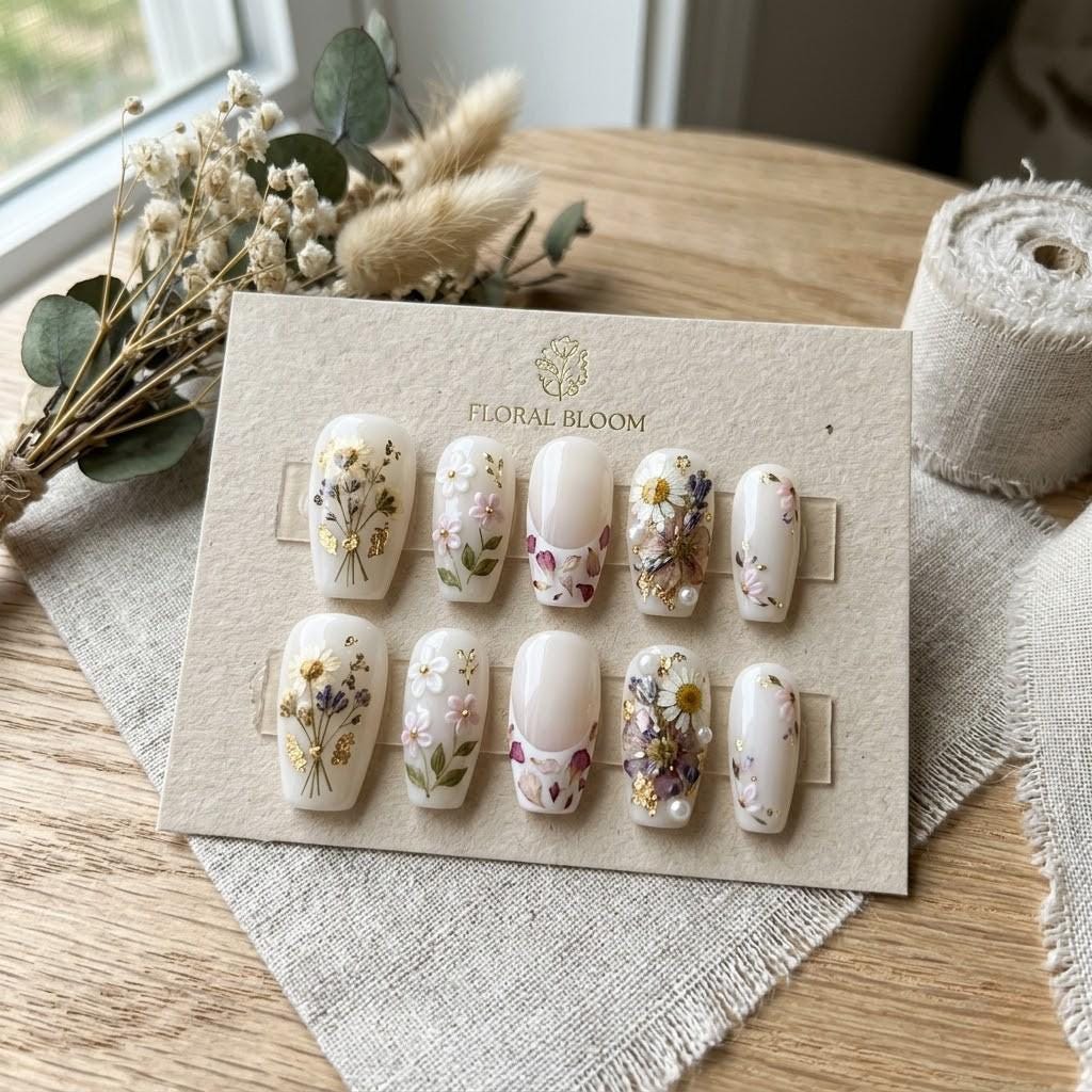 Floral Bloom Press on Nails, Realistic Dried Flower and Gold Foil Fake Nails, Elegant Bridal Wedding Nail Art, Mother's 
