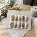 Floral Bloom Press on Nails, Realistic Dried Flower and Gold Foil Fake Nails, Elegant Bridal Wedding Nail Art, Mother's 
