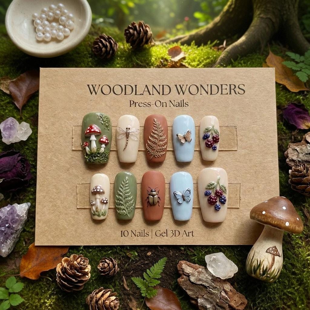 Woodland Wonders Press On Nails | 3D Mushroom & Fern Gel Nails | Goblincore Aesthetic Fake Nails | Forest Nature Inspire