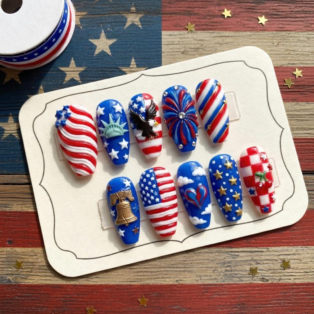 Patriotic USA Press On Nails, American Flag Star Firework Nail Art Design, Red White Blue Independence Day Press On Nail