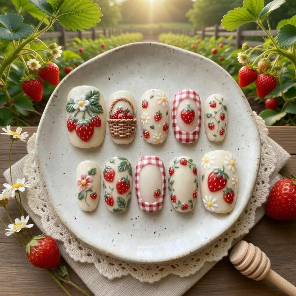 3D Strawberry Picnic Press On Nails | Cute Gingham & Fruit Nail Art | Cottagecore Flower Fake Nails | Handmade Red Berry