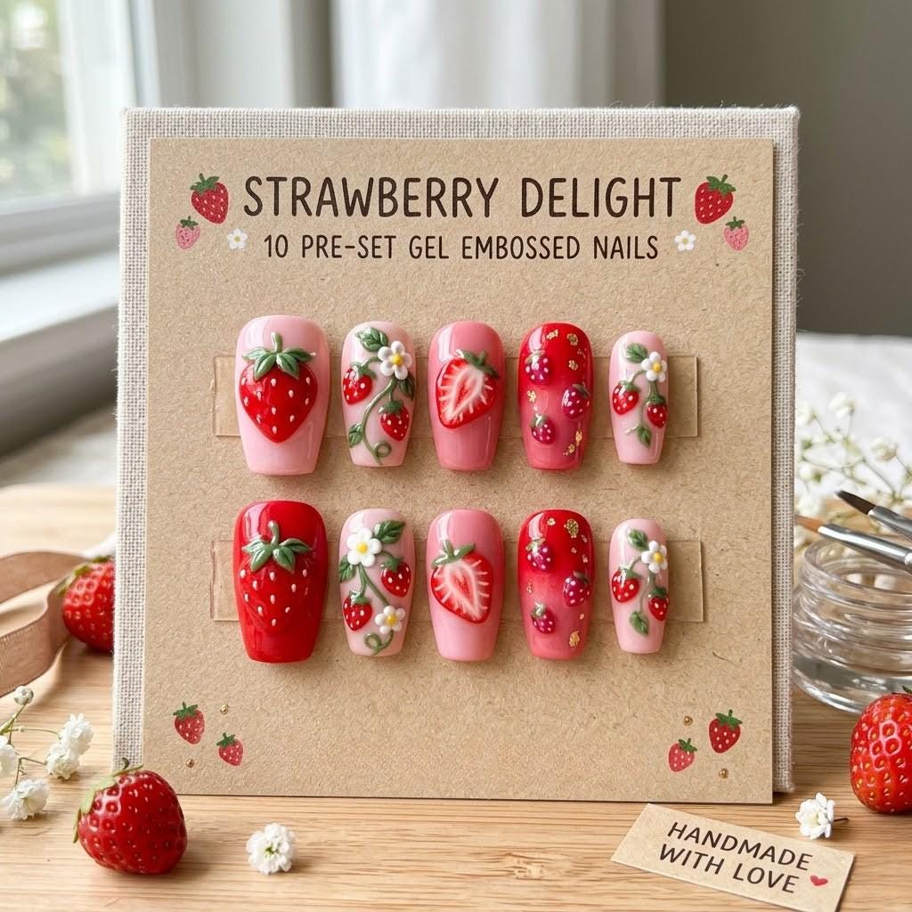 Strawberry Press On Nails | 3D Embossed Gel Nails | Cute Red & Pink Fruit Nails | Handmade Fake Nails | Summer Nails Glu