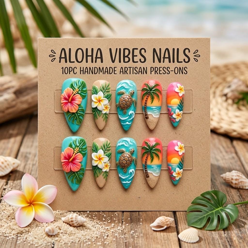 Aloha Vibes Press On Nails | 3D Tropical Hibiscus Nails | Luxury Beach Vacation Nails | Handmade Sea Turtle & Palm Tree 