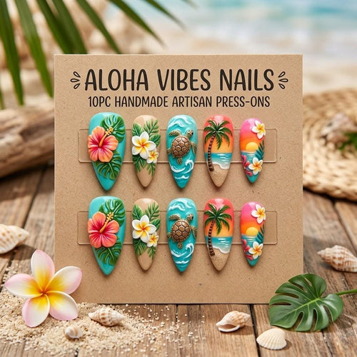 Aloha Vibes Press On Nails | 3D Tropical Hibiscus Nails | Luxury Beach Vacation Nails | Handmade Sea Turtle & Palm Tree 