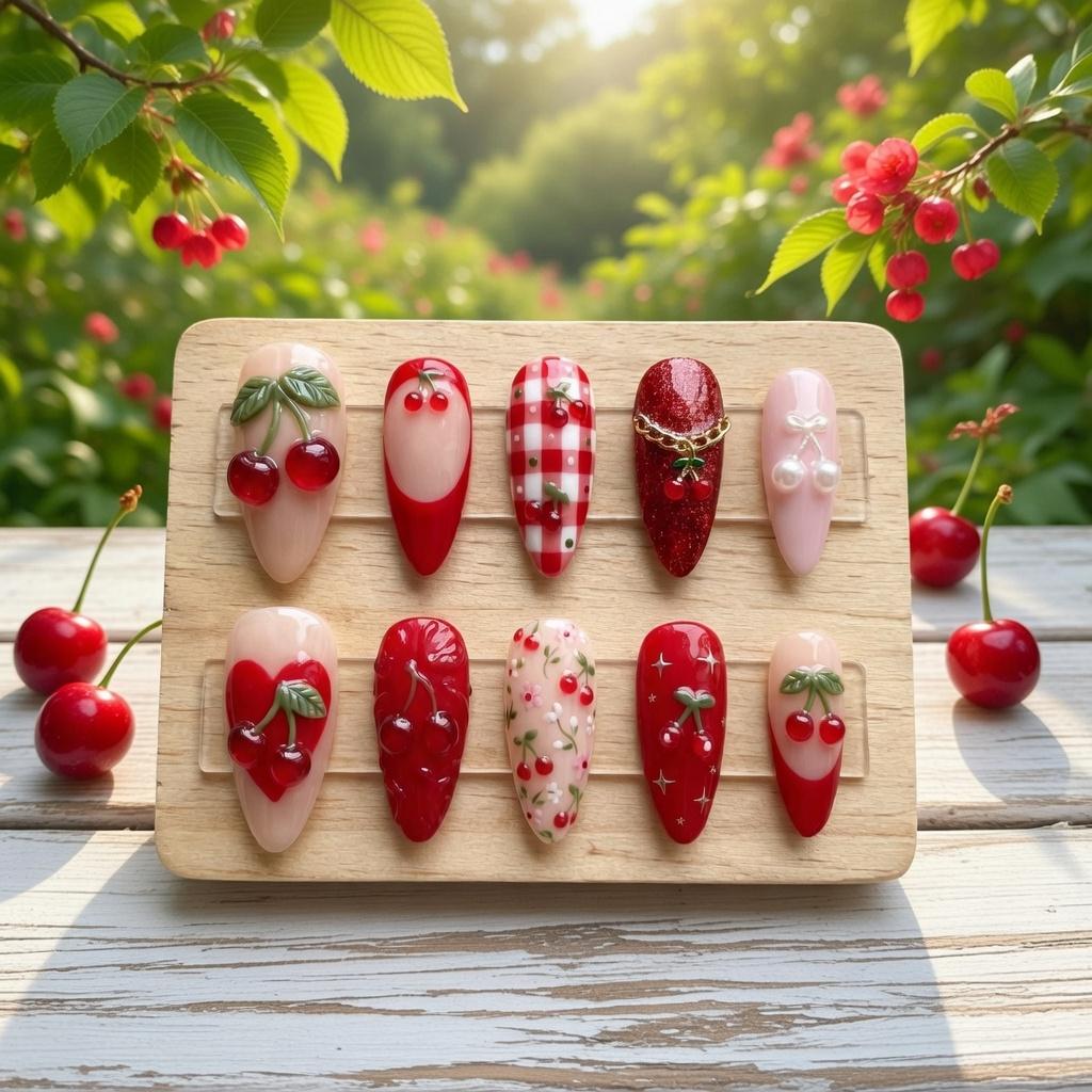 Cherry Press-On Nails, Cute Cherry Nail Set, Red Summer Nails, Handmade 3D Fruit Nail Art, Cottagecore Press On Nails, G
