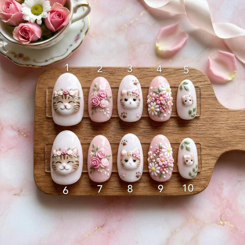 Cute Pink Cat Press On Nails, 3D Kitten & Floral Fake Nails, Handpainted Rose And Daisy Nails, Aesthetic Kawaii Cat Love
