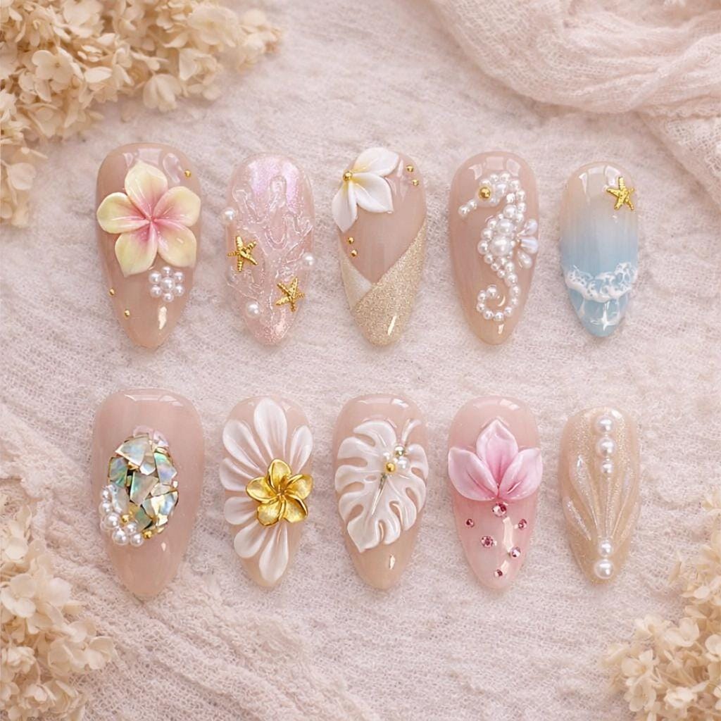Nude Pink Floral Press On Nails, 3D Flower Pearl Nails, Elegant Beach Bridal Nails, Gold Accent Almond Nails, Summer Oce