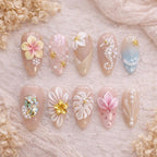 Nude Pink Floral Press On Nails, 3D Flower Pearl Nails, Elegant Beach Bridal Nails, Gold Accent Almond Nails, Summer Oce