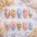 Pastel Beach Press On Nails – 3D Shell Flower Nails, Ocean Wave Nails, Pearl Mermaid Nails, Summer Nails, Soft Pink Blue