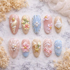 Pastel Beach Press On Nails – 3D Shell Flower Nails, Ocean Wave Nails, Pearl Mermaid Nails, Summer Nails, Soft Pink Blue