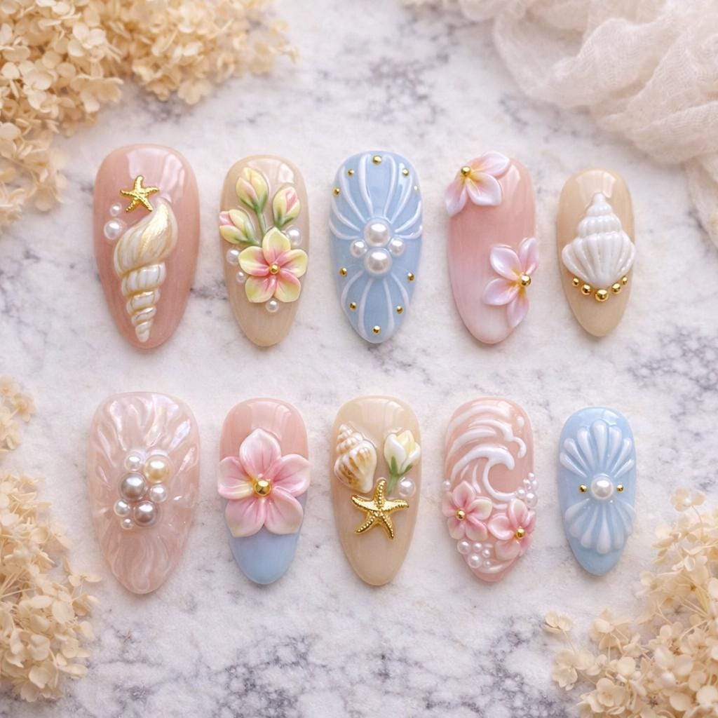 Pastel Beach Press On Nails – 3D Shell Flower Nails, Ocean Wave Nails, Pearl Mermaid Nails, Summer Nails, Soft Pink Blue