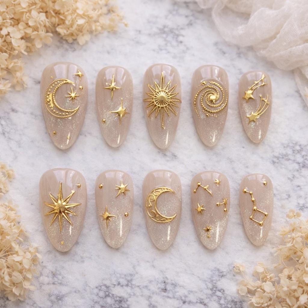 Gold Celestial Press On Nails – Moon Star Nails, Nude Glitter Nails, Constellation Nails, Minimal Luxury Nails, Elegant 