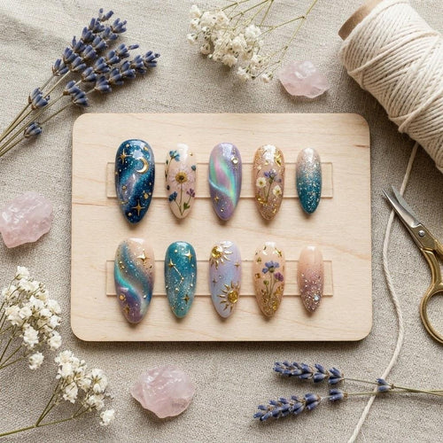 Celestial Galaxy Press On Nails with Dried Flowers | Cat Eye Moon and Star Fake Nails | Handmade Witchy Boho Floral Nail