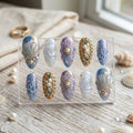 Luxury Mermaidcore 3D Shell Press On Nails | Iridescent Ocean Pearl Fake Nails | Handmade Nautical Gold Chrome Nails | G