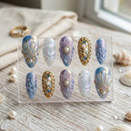 Luxury Mermaidcore 3D Shell Press On Nails | Iridescent Ocean Pearl Fake Nails | Handmade Nautical Gold Chrome Nails | G