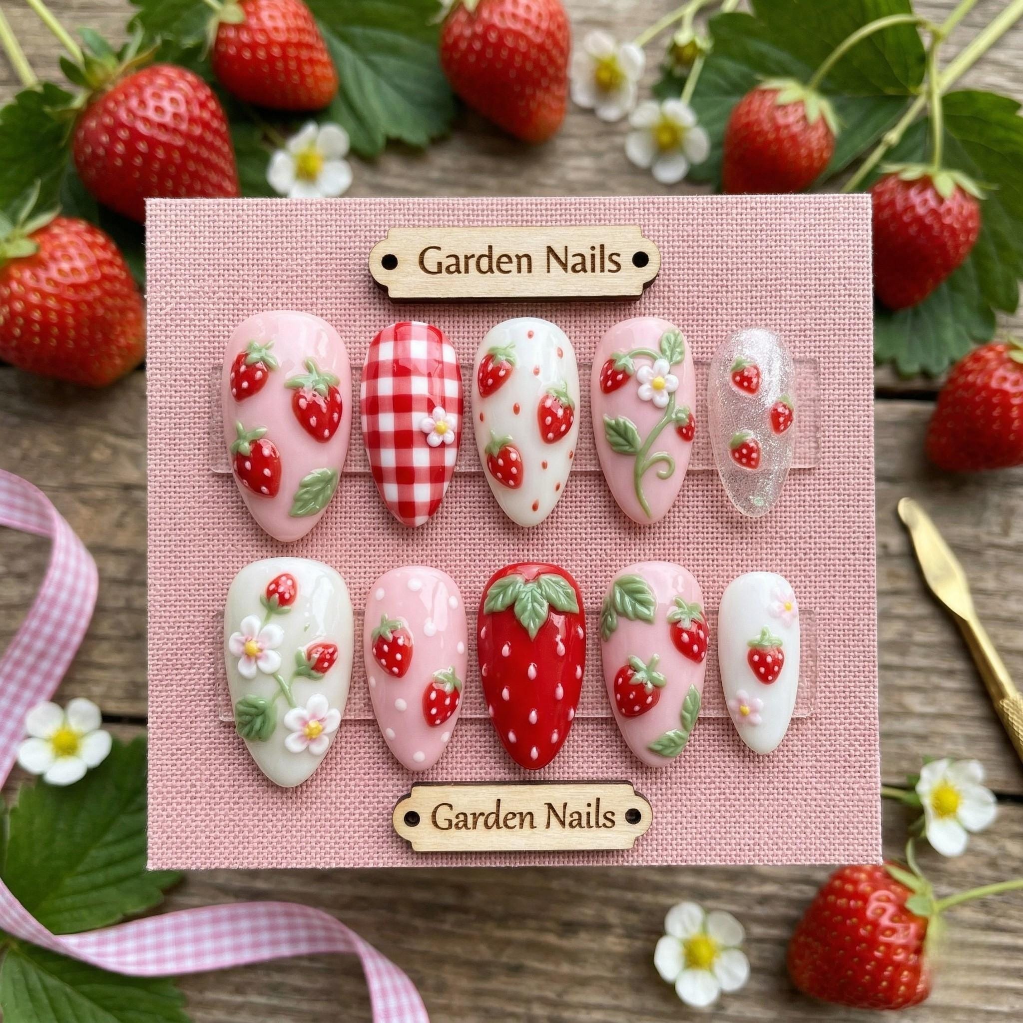 Strawberry Garden Press On Nails 3D Fruit Designs, Pink Gingham Kawaii Fake Nails, Cute Floral Berry Summer Nails,Handma