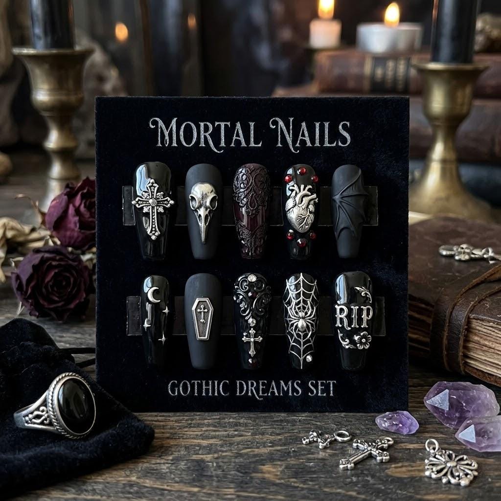 Handmade Gothic Dreams Press On Nails, 3D Luxury Dark Aesthetic Fake Nails, Black Alt Grunge Nails with Skull and Cross,
