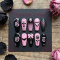 Handmade Pink and Black Gothic Press On Nails, 3D Coquette Grunge Fake Nails with Skull and Bow, Alt Aesthetic Nails, Pa