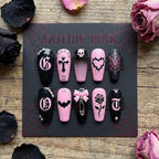 Handmade Pink and Black Gothic Press On Nails, 3D Coquette Grunge Fake Nails with Skull and Bow, Alt Aesthetic Nails, Pa