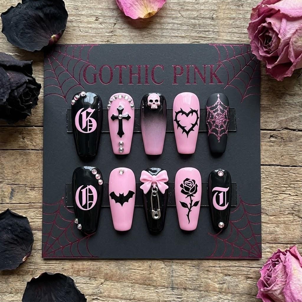 Handmade Pink and Black Gothic Press On Nails, 3D Coquette Grunge Fake Nails with Skull and Bow, Alt Aesthetic Nails, Pa