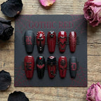 Handmade Gothic Red and Black Press On Nails, Dark Vampire Aesthetic Fake Nails, 3D Grunge Nails with Skull and Cross, A