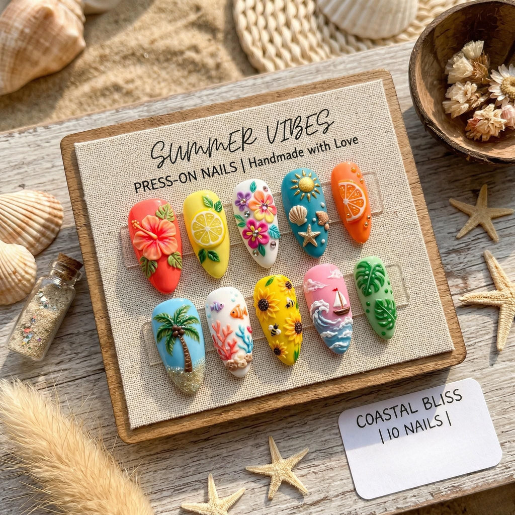 Summer Vibes Press On Nails - 3D Ocean Beach Theme False Nails - Handmade Tropical Fruit and Floral Glue On Nails - Gift