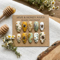 Honey Bee Press On Nails - Botanical Daisy Floral Nails - Sage Green and Gold Honeycomb Fake Nails - Hand Painted Reusab