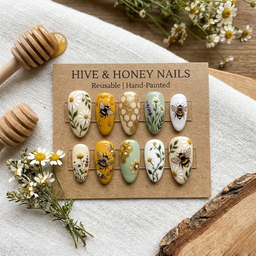 Honey Bee Press On Nails - Botanical Daisy Floral Nails - Sage Green and Gold Honeycomb Fake Nails - Hand Painted Reusab