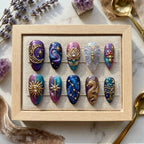 Galaxy Celestial Press On Nails | 3D Gold Dragon and Lotus Fake Nails | Mystical Nebula Zodiac Glue On Nails | Handmade 