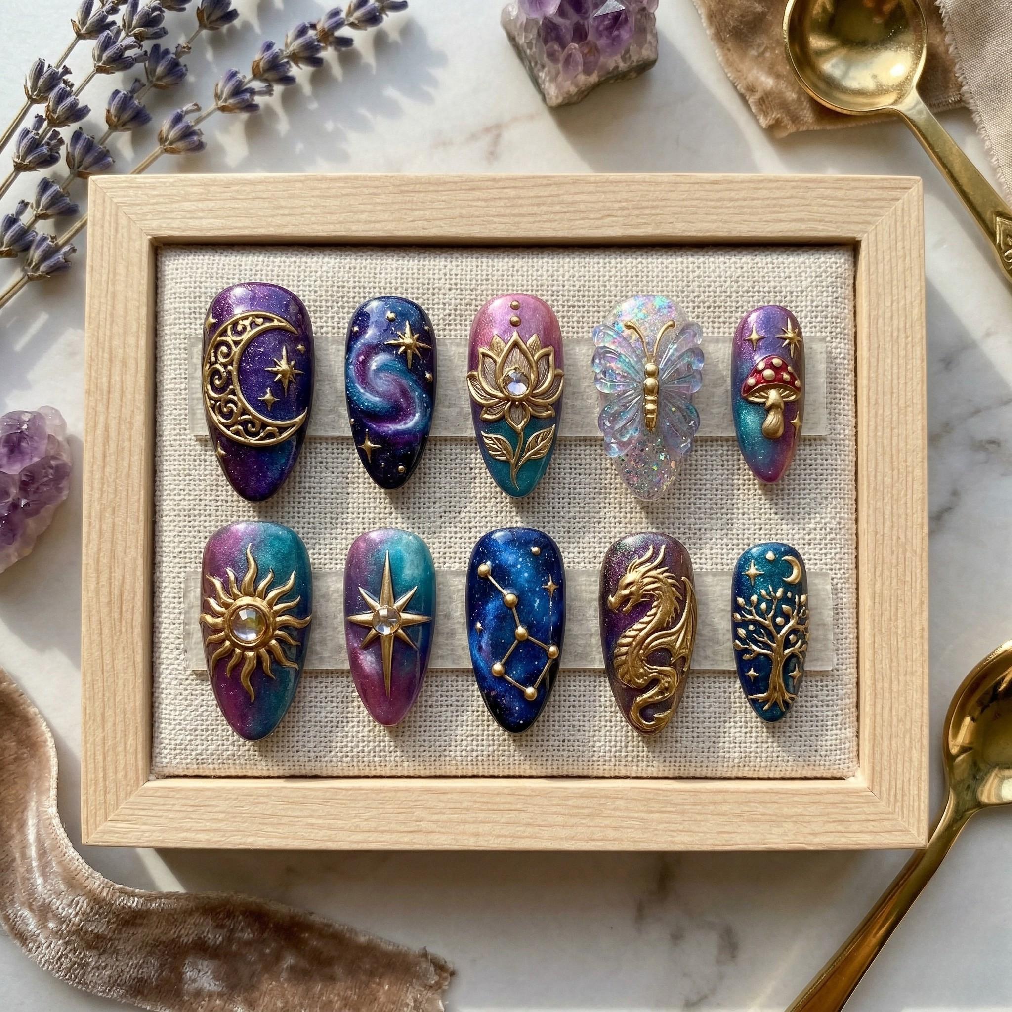 Galaxy Celestial Press On Nails | 3D Gold Dragon and Lotus Fake Nails | Mystical Nebula Zodiac Glue On Nails | Handmade 