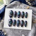 Celestial Galaxy Press on Nails | Luxury Deep Purple & Teal Milky Way Fake Nails | Handpainted Moon and Stars 3D Saturn 